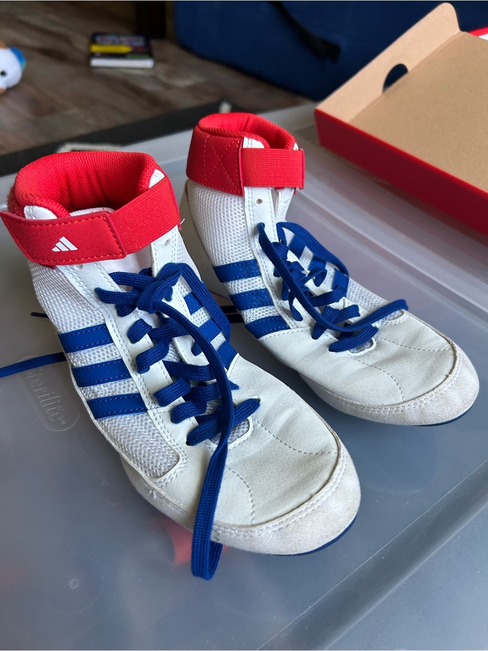 Adidas Kids White, Blue & Red High-Top Wrestling Shoes